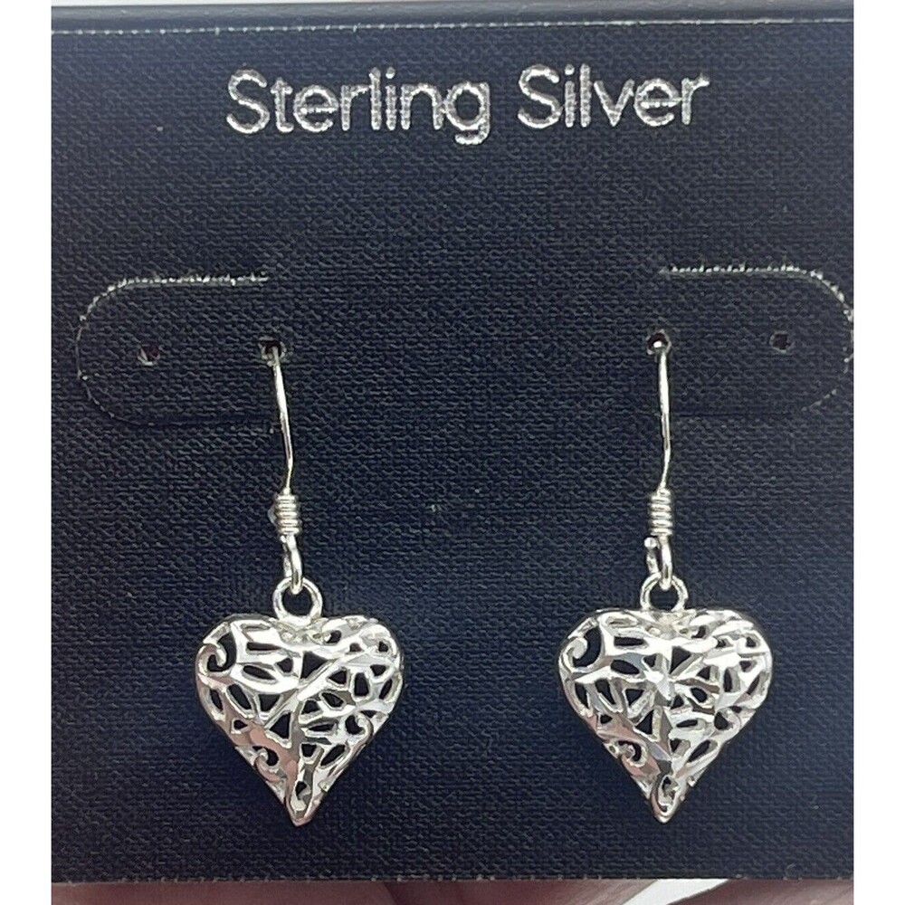 Sterling Silver Filigree Puff Heart Dangle Drop Earrings New